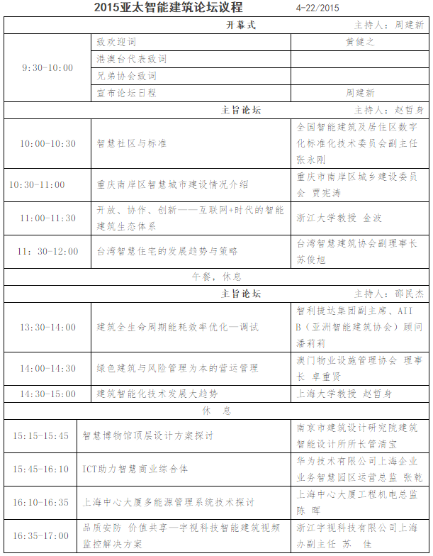 2015亚太智能建筑论坛议程