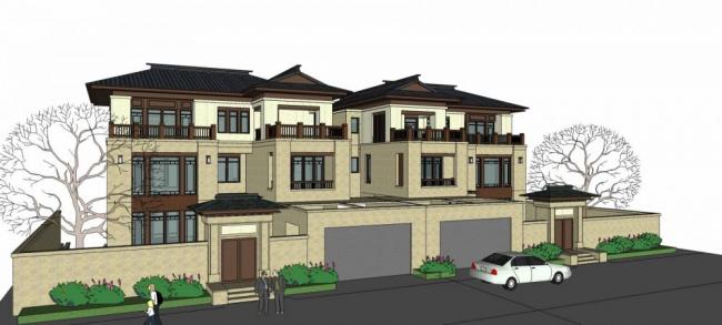 Sketchup别墅模型|双拼别墅,新中式风格 Sketchup别墅模型|双拼别墅,新中式风格