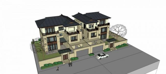 Sketchup别墅模型|双拼别墅,新中式风格 Sketchup别墅模型|双拼别墅,新中式风格