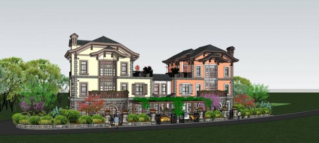 Sketchup别墅模型|双拼别墅,欧式古典风格 Sketchup别墅模型|双拼别墅,欧式古典风格