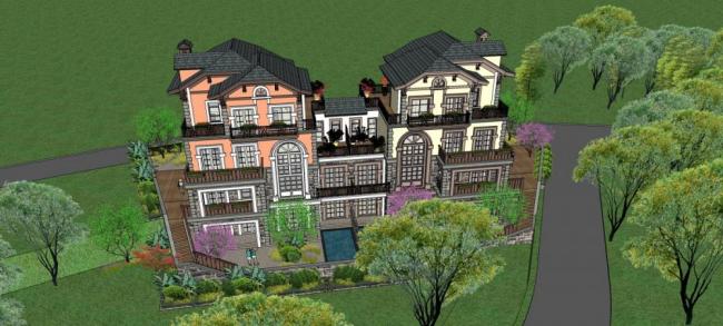 Sketchup别墅模型|双拼别墅,欧式古典风格 Sketchup别墅模型|双拼别墅,欧式古典风格