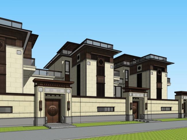 Sketchup别墅模型|联排别墅,中式风格 Sketchup别墅模型|联排别墅,中式风格