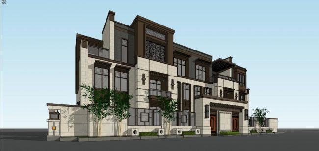 Sketchup别墅模型|双拼别墅,中式风格 Sketchup别墅模型|双拼别墅,中式风格