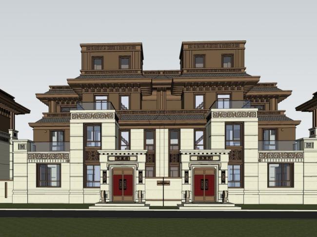 Sketchup别墅模型|双拼别墅,中式风格 Sketchup别墅模型|双拼别墅,中式风格