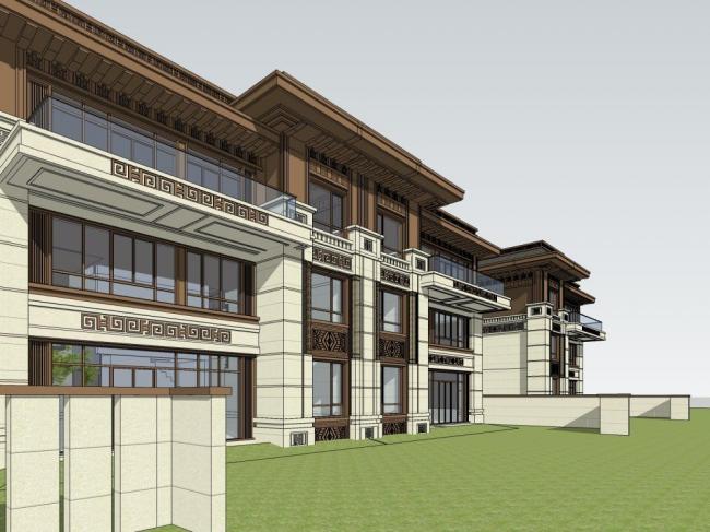 Sketchup别墅模型|双拼别墅,中式风格 Sketchup别墅模型|双拼别墅,中式风格