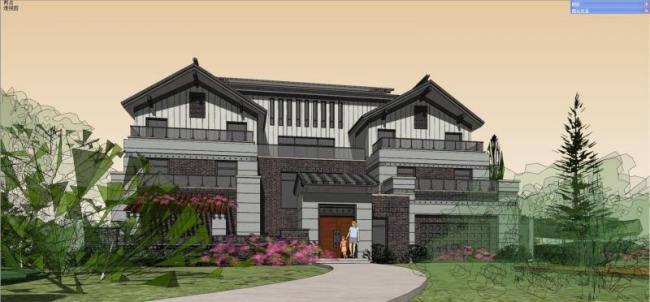 Sketchup别墅模型|独栋别墅,中式风格 Sketchup别墅模型|独栋别墅,中式风格