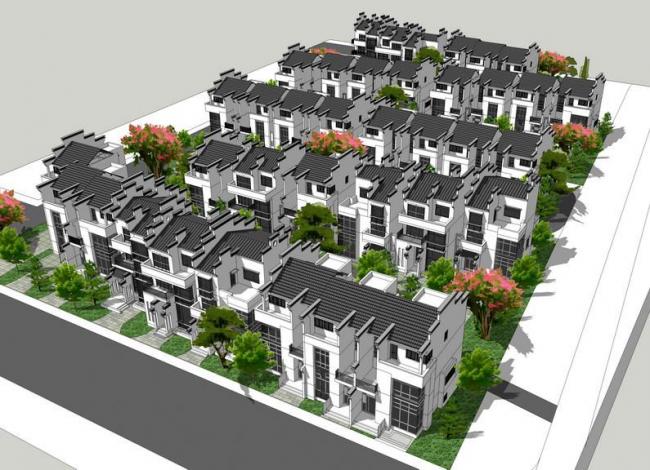 Sketchup别墅模型|联排别墅,中式风格 Sketchup别墅模型|联排别墅,中式风格