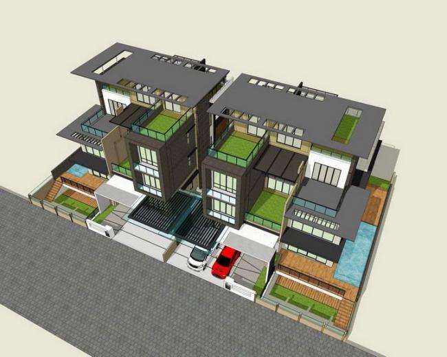 Sketchup别墅模型|双拼别墅,现代风格 Sketchup别墅模型|双拼别墅,现代风格