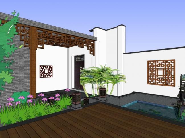 Sketchup别墅模型|别墅院子,新中式风格 Sketchup别墅模型|别墅院子,新中式风格