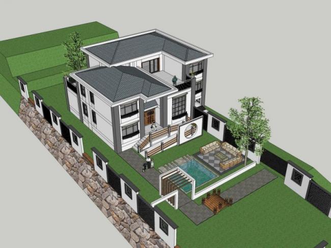 Sketchup别墅模型|独栋别墅,现代中式风格 Sketchup别墅模型|独栋别墅,现代中式风格