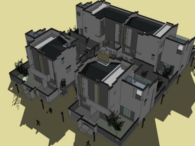 Sketchup别墅模型|联排别墅,中式风格 Sketchup别墅模型|联排别墅,中式风格