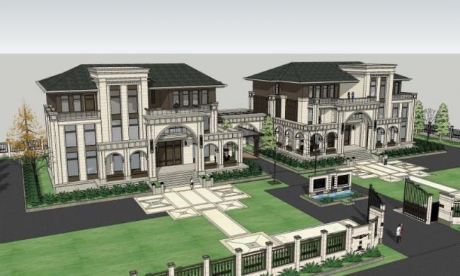 Sketchup别墅模型|双拼别墅,古典风格 Sketchup别墅模型|双拼别墅,古典风格