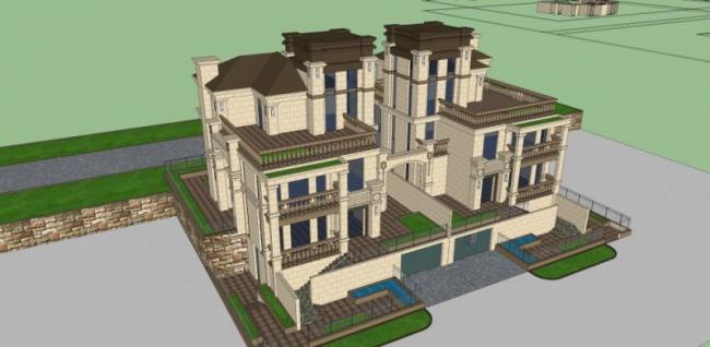 Sketchup别墅模型|叠拼双拼别墅,古典风格 Sketchup别墅模型|叠拼双拼别墅,古典风格