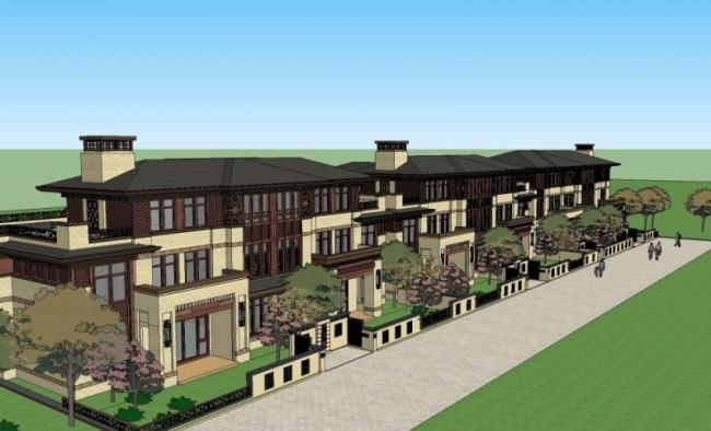 Sketchup别墅模型|联排别墅,新中式风格 Sketchup别墅模型|联排别墅,新中式风格