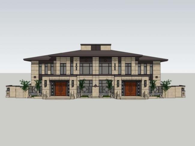Sketchup别墅模型|双拼别墅,现代中式风格 Sketchup别墅模型|双拼别墅,现代中式风格