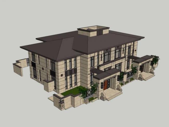 Sketchup别墅模型|双拼别墅,现代中式风格 Sketchup别墅模型|双拼别墅,现代中式风格