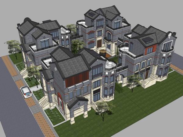 Sketchup别墅模型|双拼别墅合院,古典风格 Sketchup别墅模型|双拼别墅合院,古典风格