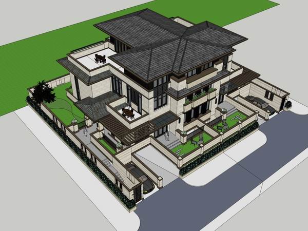 Sketchup别墅模型|双拼别墅,现代中式风格 Sketchup别墅模型|双拼别墅,现代中式风格