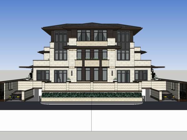 Sketchup别墅模型|双拼别墅,现代中式风格 Sketchup别墅模型|双拼别墅,现代中式风格