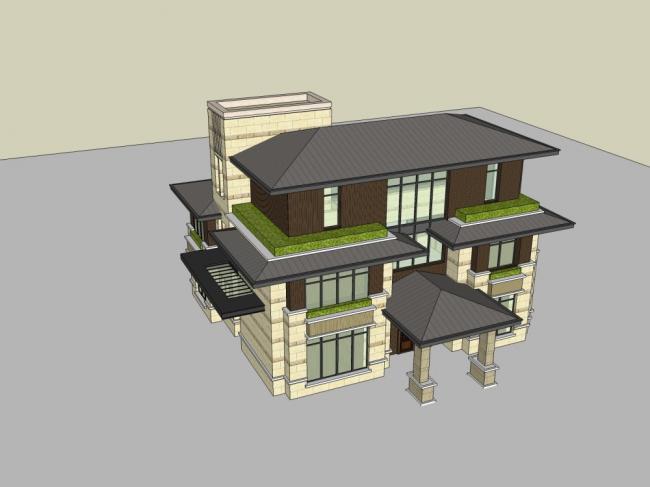 Sketchup别墅模型|独栋别墅,现代中式 Sketchup别墅模型|独栋别墅,现代中式