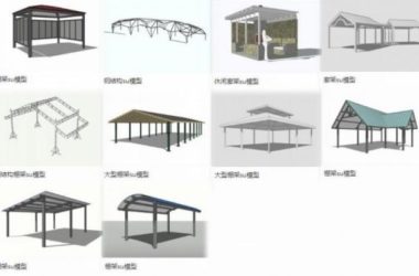 Sketchup素材模型|钢结构棚架,休闲廊架,景观素材组件-BIM建筑网