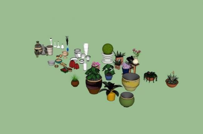 Sketchup素材模型|陶罐花钵植物,素材组件 Sketchup素材模型|陶罐花钵植物,素材组件