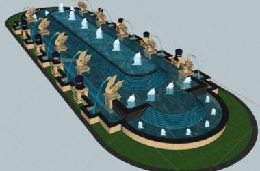 Sketchup素材模型|欧式风格中轴对称水景,素材组件-BIM建筑网