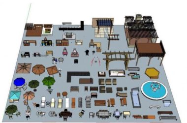 Sketchup素材模型|小区布置必备太阳伞花架水池长椅椅子等素材SU建筑模型素材组件-BIM建筑网