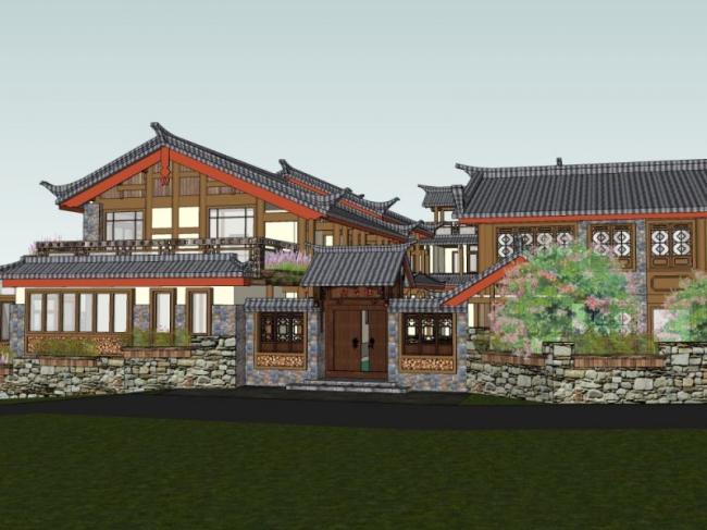 Sketchup酒店模型|多层旅馆,中式风格 Sketchup酒店模型|多层旅馆,中式风格