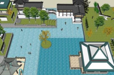 Sketchup景观模型|嬉水公园景观,滨水景观,新中式风格-BIM建筑网