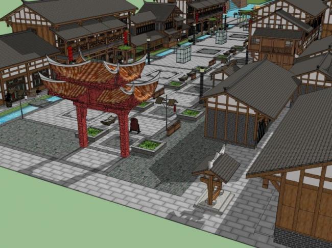 Sketchup商业模型|多层商业街,中式风格 Sketchup商业模型|多层商业街,中式风格