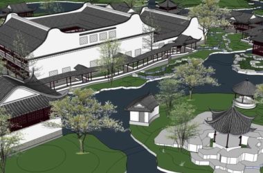Sketchup景观模型|多层休闲景观会所景观,中式风格-BIM建筑网
