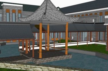 Sketchup景观模型|多层游客接待中心,景观园林,中式风格-BIM建筑网