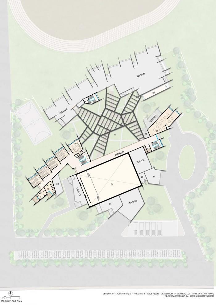 BIM建筑|来自火红色的热烈暴击:角形网格梁架遮荫下的校园 / Sanjay Puri BIM建筑|来自火红色的热烈暴击:角形网格梁架遮荫下的校园 / Sanjay Puri