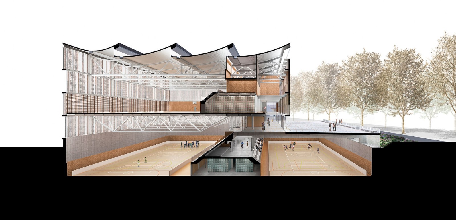 BIM建筑|红砖石外墙的半地下体育场 | CAMP DEL FERRO 体育中心 BIM建筑|红砖石外墙的半地下体育场 | CAMP DEL FERRO 体育中心