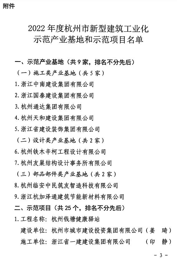 装配式政策|杭州市公布2022年度新型建筑工业化示范产业基地和示范项目名单 装配式政策|杭州市公布2022年度新型建筑工业化示范产业基地和示范项目名单